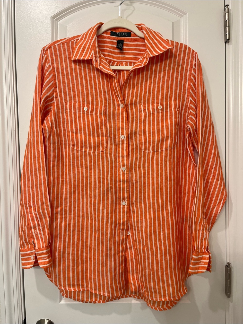 Lauren Ralph Lauren Orange Striped Button-Up Shirt 100% Linen Relaxed Fit Small